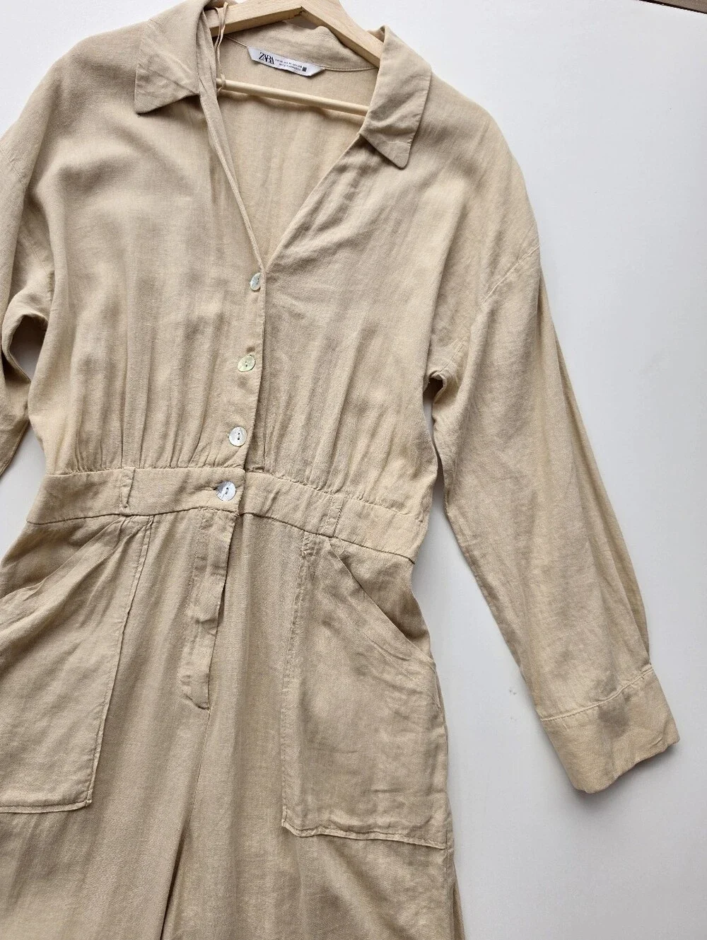 Zara Beige Linen Blend Button Front Collared Wide Leg Jumpsuit